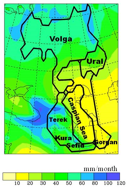Fig. 1: Different catchment areas in heavy black lines and annual mean precipitation in thin lines. Contours at 10, 20, 30, 40, 50, 60, 80 mm/month; light shading 50 mm/month.