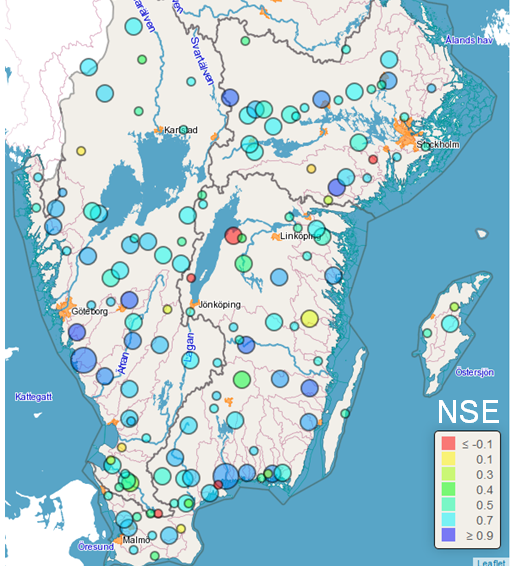 Figure 1. Performance in terms of NSE of the first version of 1-hour S-HYPE in discharge stations in southern Sweden (circle size represents catchment size).