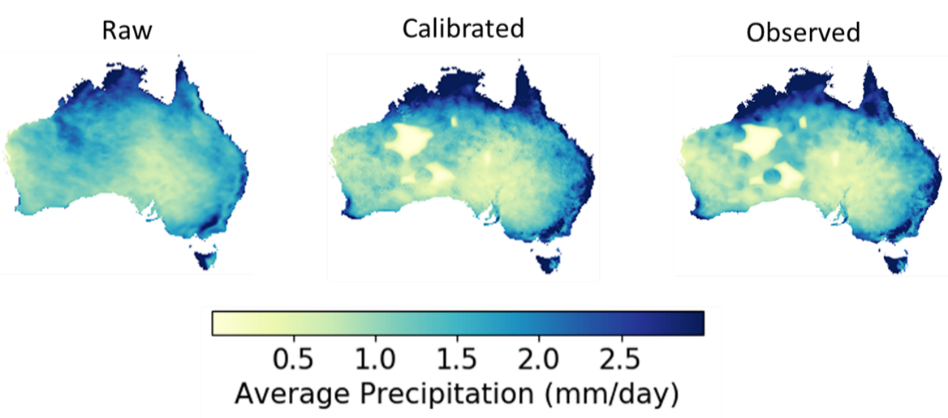 Plots of rainfall are shown for raw (left) and SCC-calibrated (middle) day 1 ahead forecasts, compared with observation (right), averaged over 2016.04 – 2018.03 [source: adapted from Yang et al., in review]