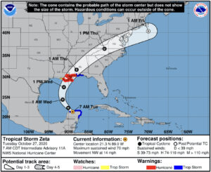 Figure 1. The U.S. National Hurricane Center cone of uncertainty visualization of Hurricane Zeta, 2020. Source: https://www.nhc.noaa.gov/archive/2020/ZETA_graphics.php?product=3day_cone_no_line