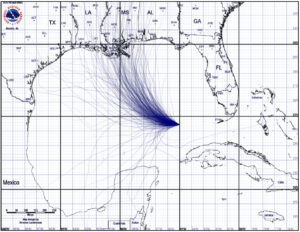 Figure 2: Example from direct ensemble display developed by (Cox, House, and Lindell 2013). : Hurricane Katrina at 10 AM CDT, August 27, 2012 (reprinted with permission)